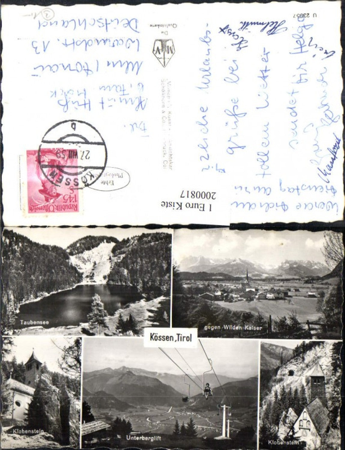 2000817,Kössen i. Tirol Totale geg. wilden Kaiser Taubensee Klobenstein Kirche Unterberglift Sessellift Mehrbildkarte