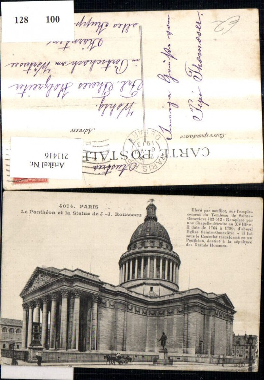 211416,Paris Le Pantheon et la Statue de J J Rousseau