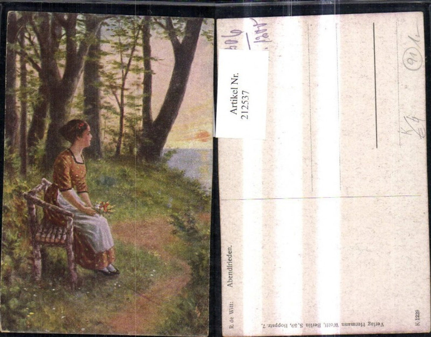 212537,Künstler AK R. de Witt „Abendfrieden“ Frau m. Kleid sitzt auf Sitzbank Blumenstrauß
