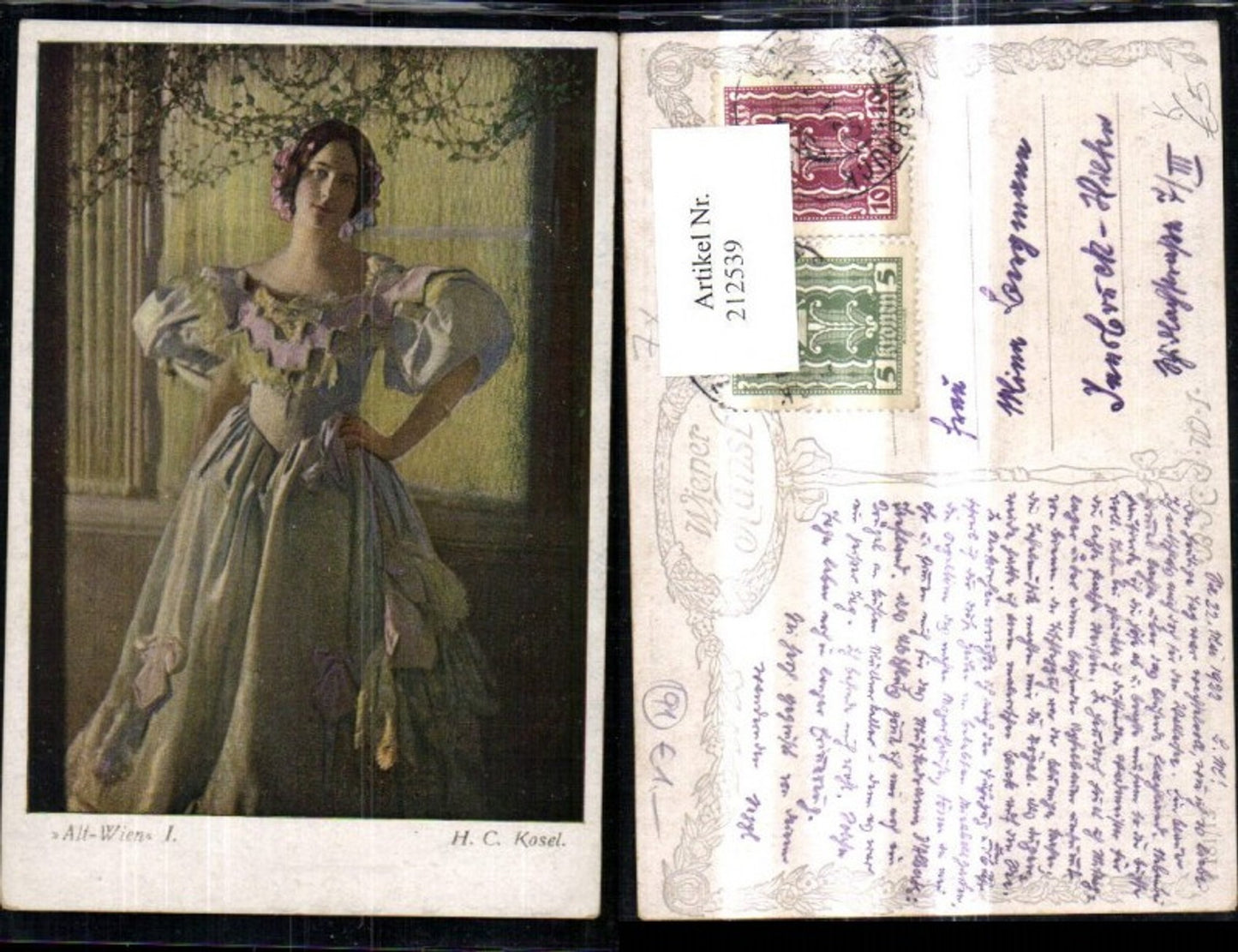 212539, Artist AK HC Kosel “Old Vienna” Woman with pompous dress and hair ornament