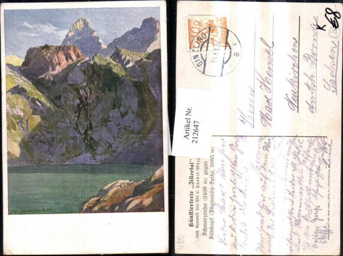 212647,Künstler AK Edo v. Handel-Mazzetti Schwarzensee geg d. Feldkopf Spitze Partie im Zillertal