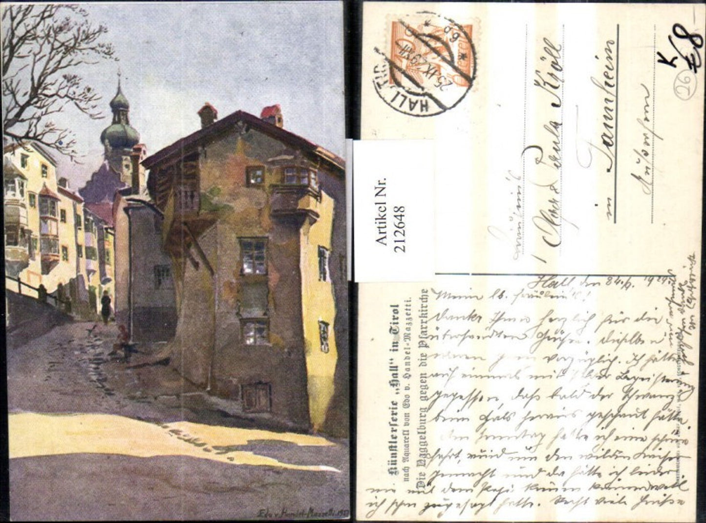 212648,Künstler AK Edo v. Handel-Mazzetti Hall i. Tirol Naggelburg geg. d. Pfarrkirche Straßenansicht