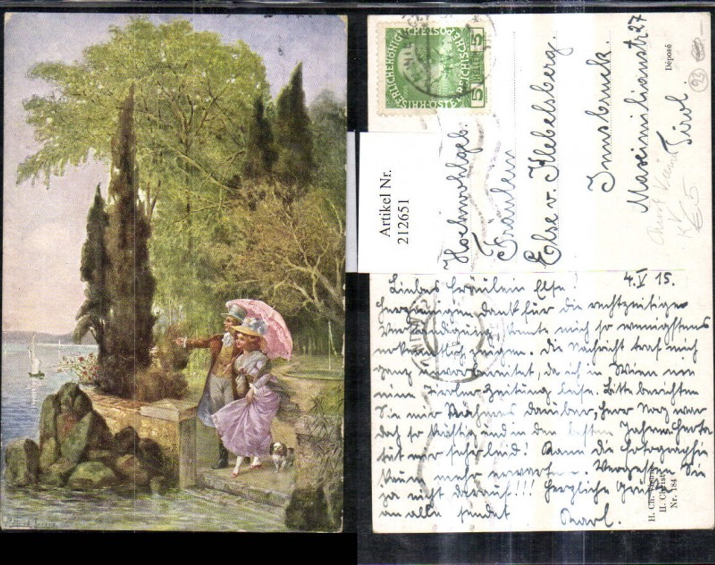 212651,Künstler AK Gottfried Lorenz Frau m. Kleid Schirm Mann m. Hut Hund Partie pub Christ Vienna 184