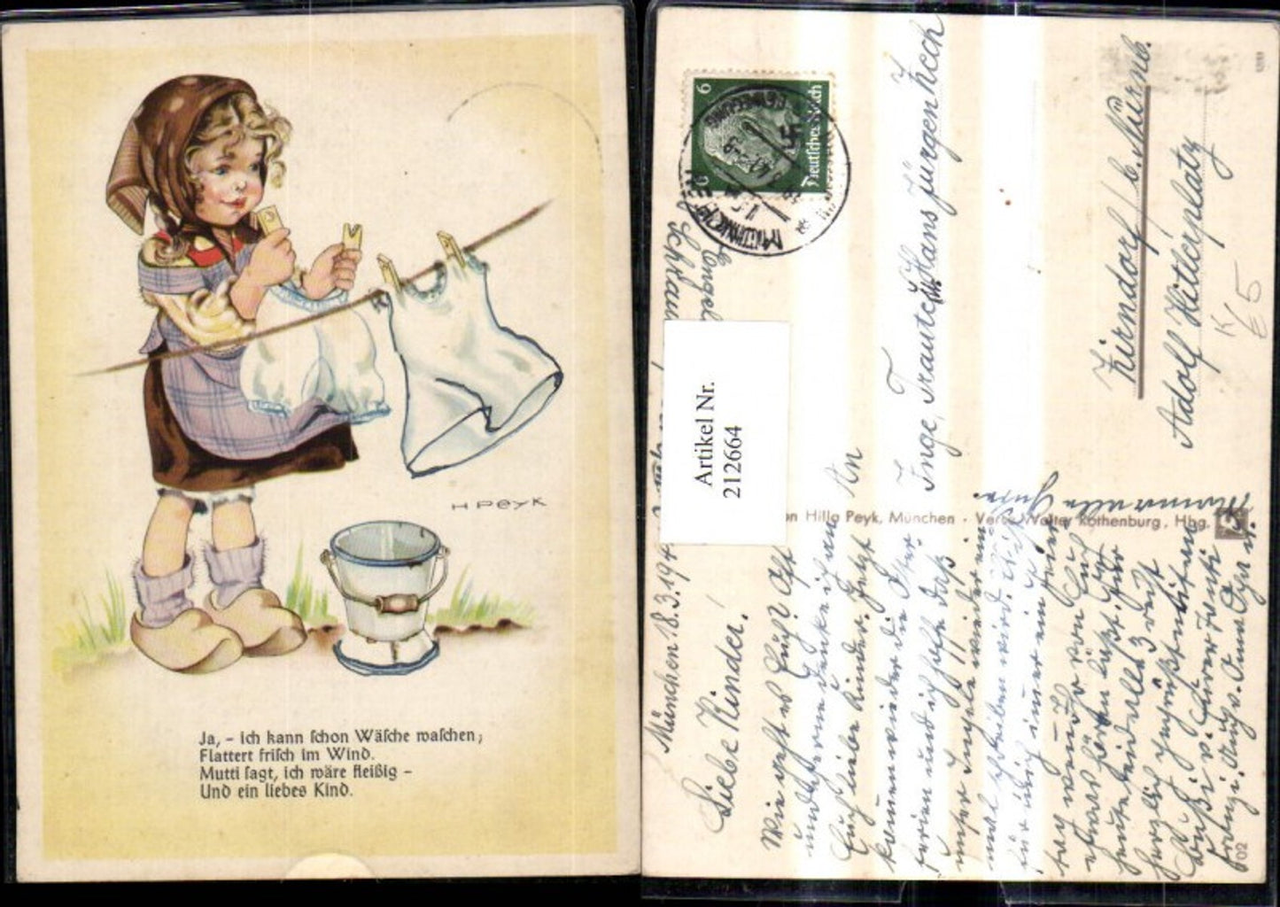 212664,Künstler AK H. Peyk Kind Mädchen b. Wäsche aufhängen Klammern Eimer Pantoffeln