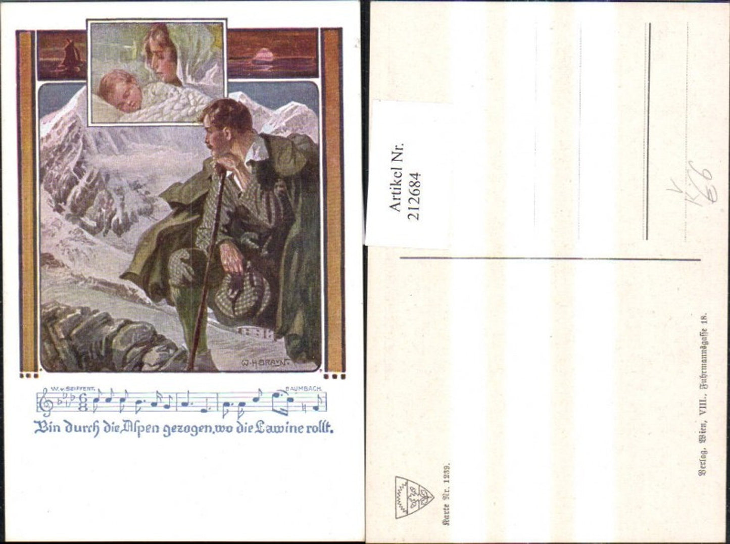 212684,Deutscher Schulverein 1239 Künstler W. H. Braun Mann i. d. Alpen Stock Frau m. Kind