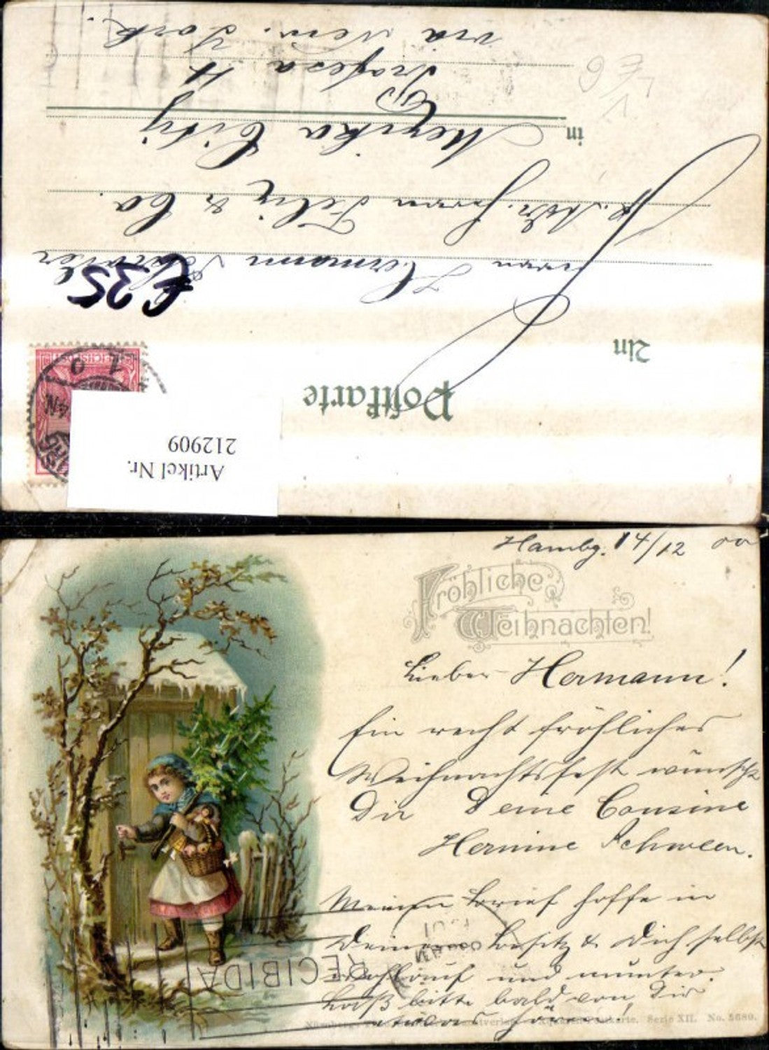 212909,Theo Stroefer Verlag Aqaur. 5689 Litho Weihnachten Mädchen m. Korb Tannen v. Haus