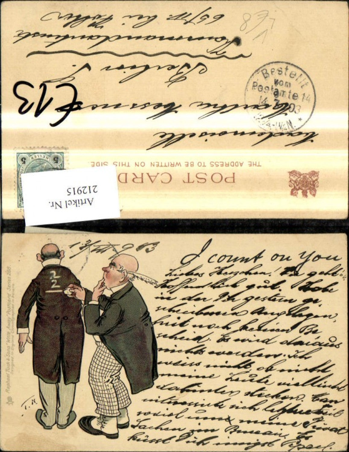 212915,Raphael Tuck 268 Litho Mann rechnet schreibt m. Kreide a. Rücke v. Mann