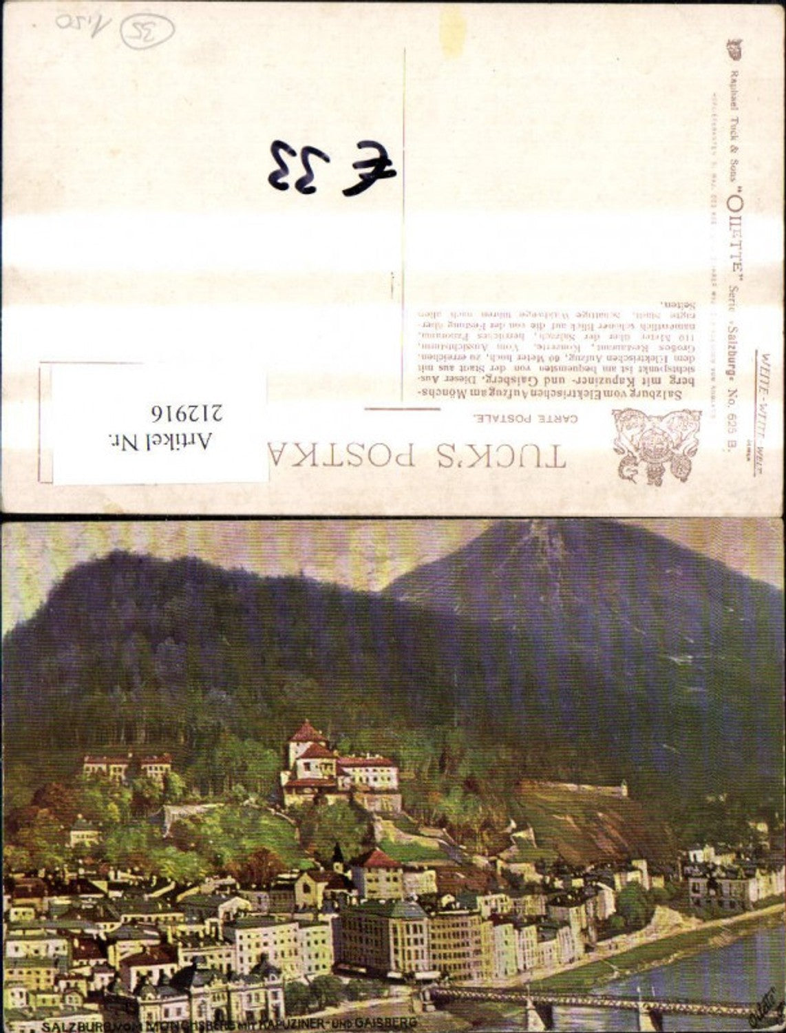 212916,Raphael Tuck 625 B Salzburg v. Mönchsberg m. Kapuziner u. Gaisberg