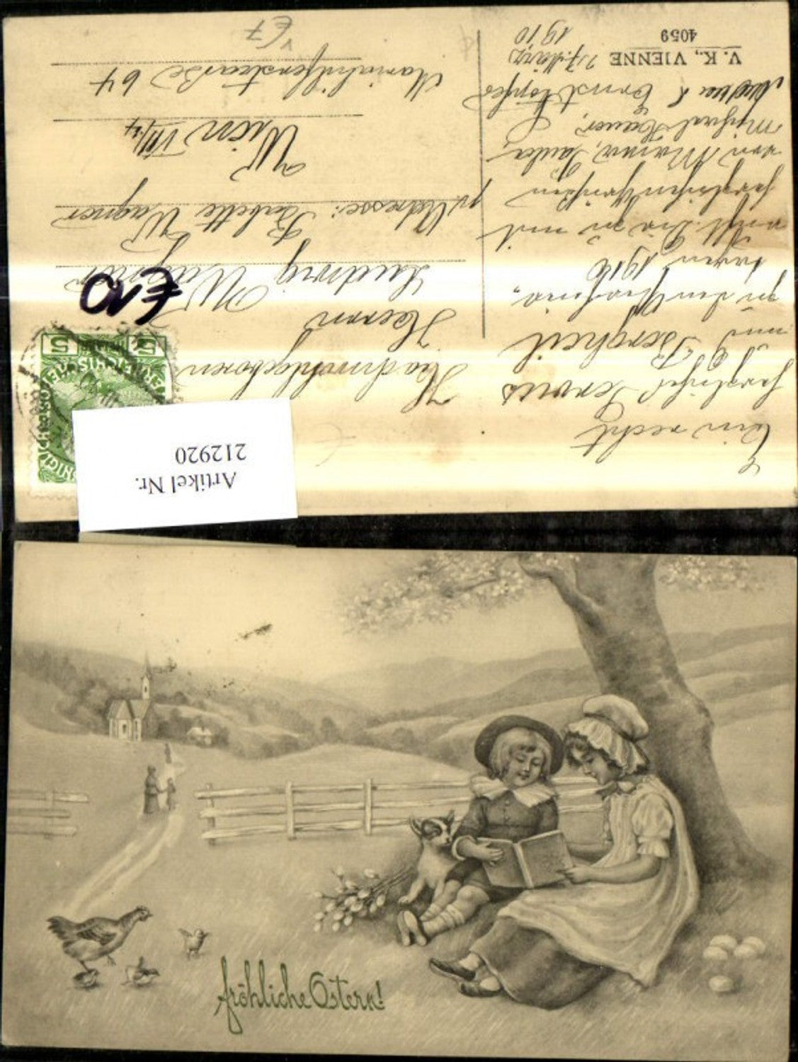 212920,V.K. Vienne 4059 Fröhliche Ostern Kinder lesen u. Baum Lamm Huhn m. Küken