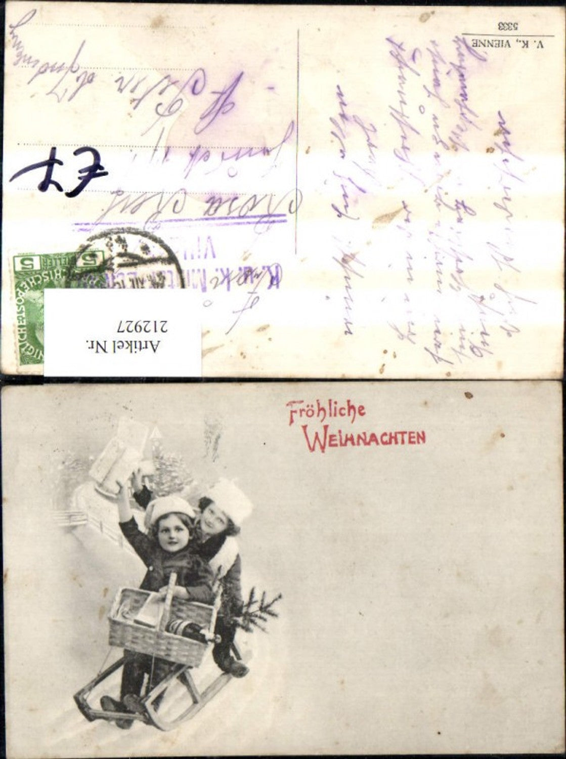 212927,V.K. Vienne 5333 Fröhliche Weihnachten Mädchen a. Schlitten m. Geschenken Korb Tannenbaum