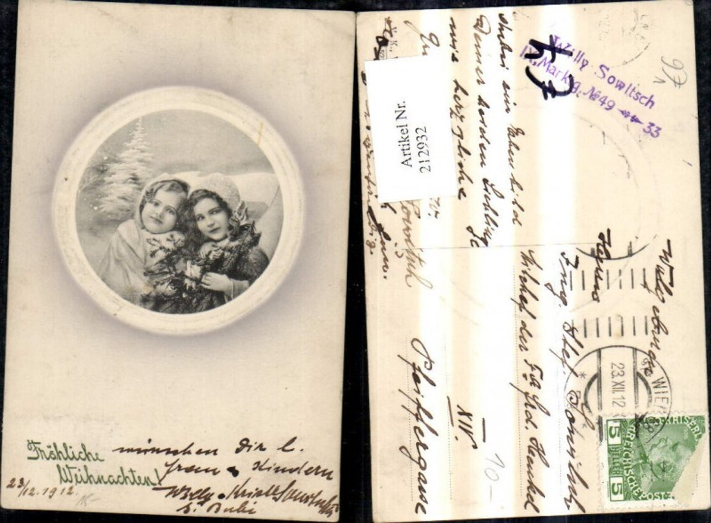 212932,V.K. Vienne 5218 Fröhliche Weihnachten Mädchen m. Tannenbaum Präge Passepartout