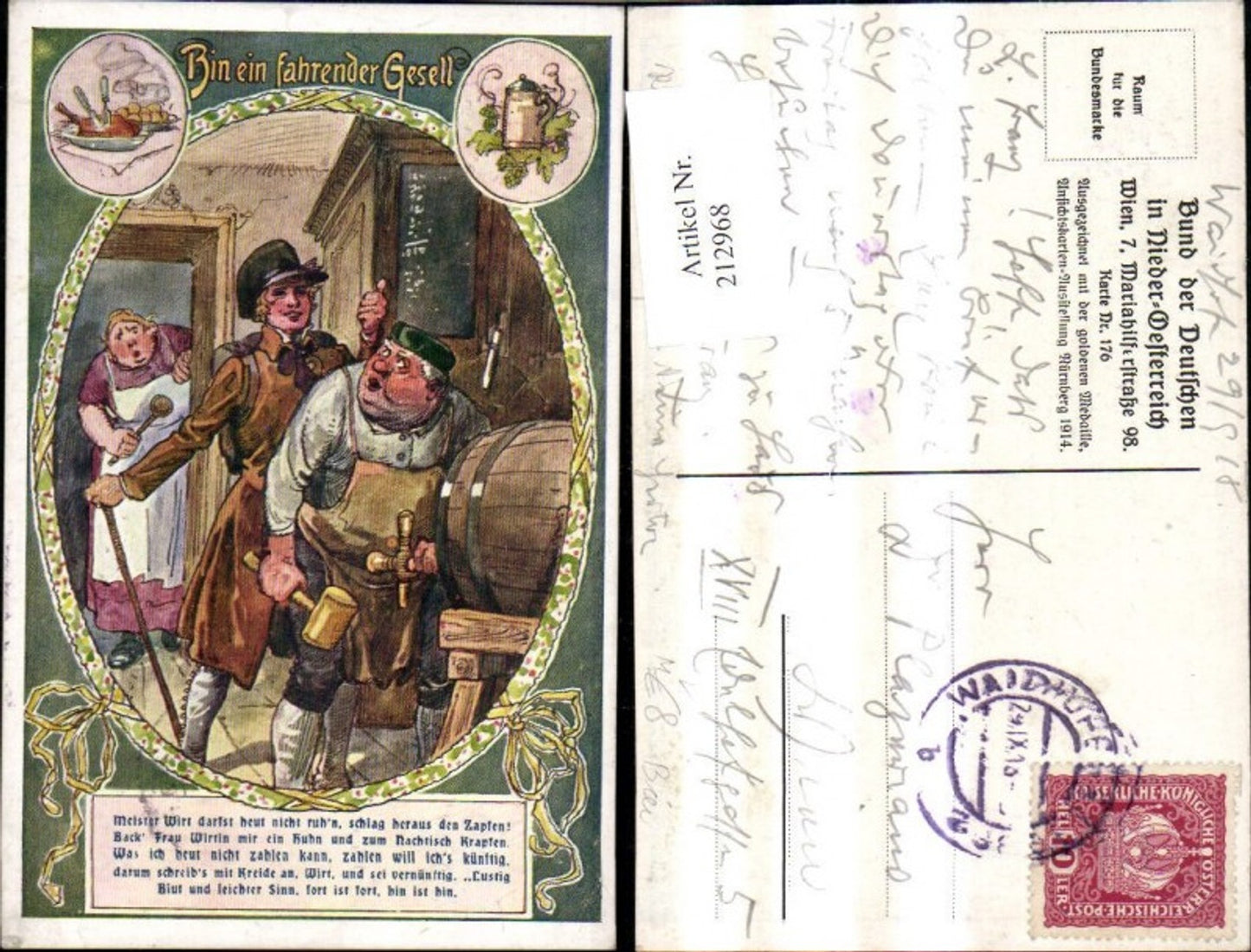 212968,Bund d. Deutschen i. Niederösterreich 176 Bin ein fahrender Gesell Bierfass Bier Spruch Reim