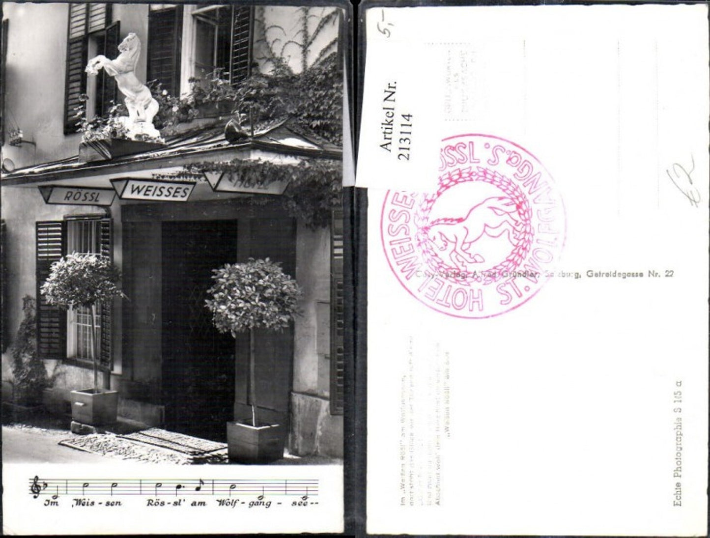 213114,St Wolfgang a. Wolfgangsee Hotel Weisses Rössl Eingang Liedtext Notenzeile