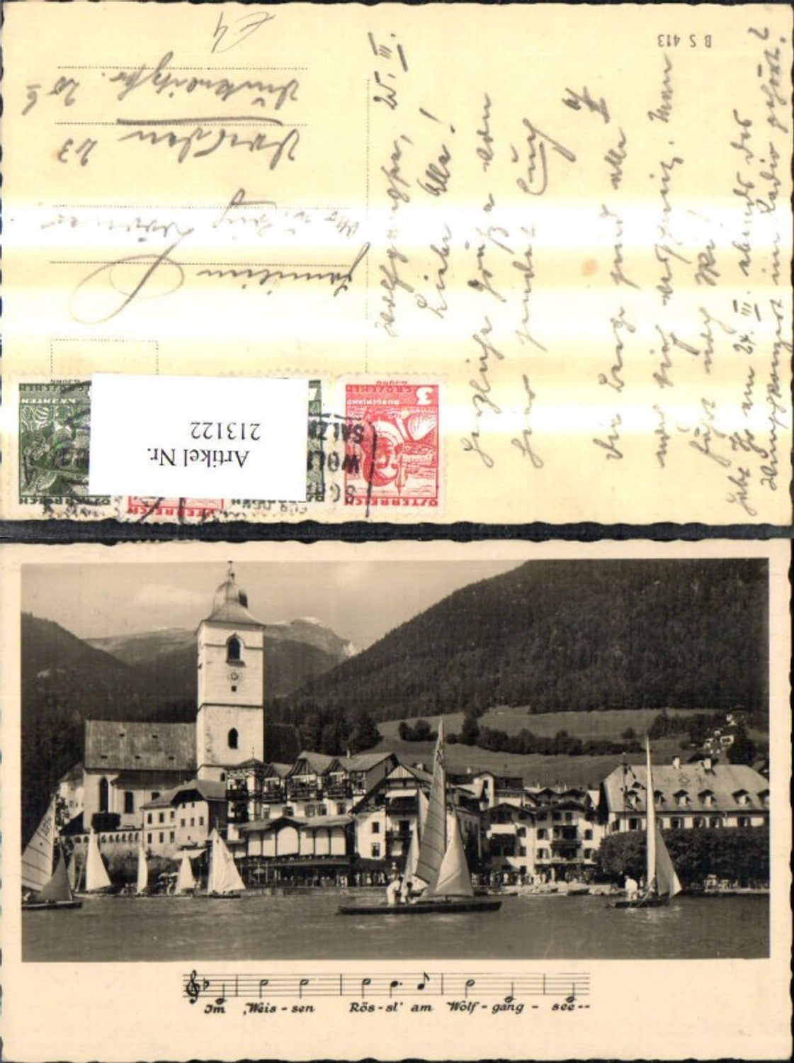 213122,St Wolfgang a. Wolfgangsee Hotel Weisses Rössl Ansicht m. Segelboote Boote i. Vordergrund Liedtext Notenzeile