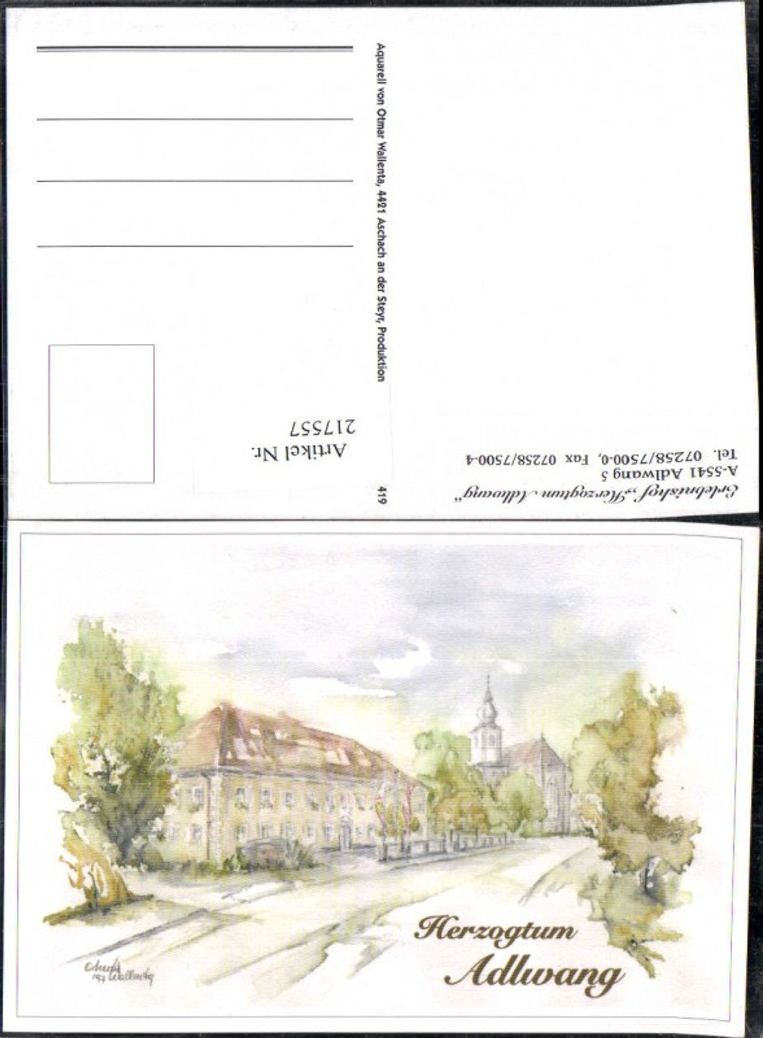 217557,Künstler AK Otmar Wallenta Herzogtum Adlwang Erlebnishof Kirche Straßenansicht