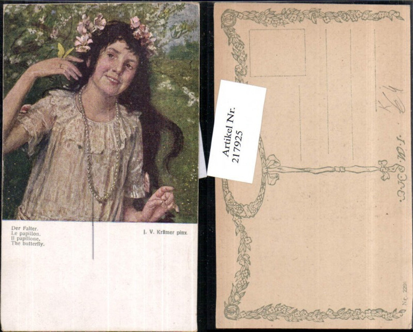 217925,Künstler AK J. V. Krämer „Der Falter“ Frau Mädchen m. Kette Blumen Schmetterling