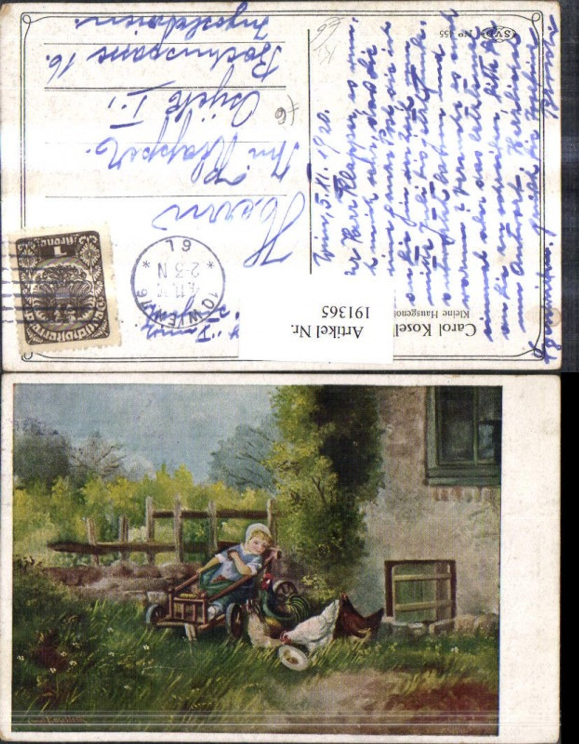 191365,Künstler AK Carol Koselleck „Kleine Hausgenossen“ Kind sitzt in einem Schubkarren Hühner Hahn
