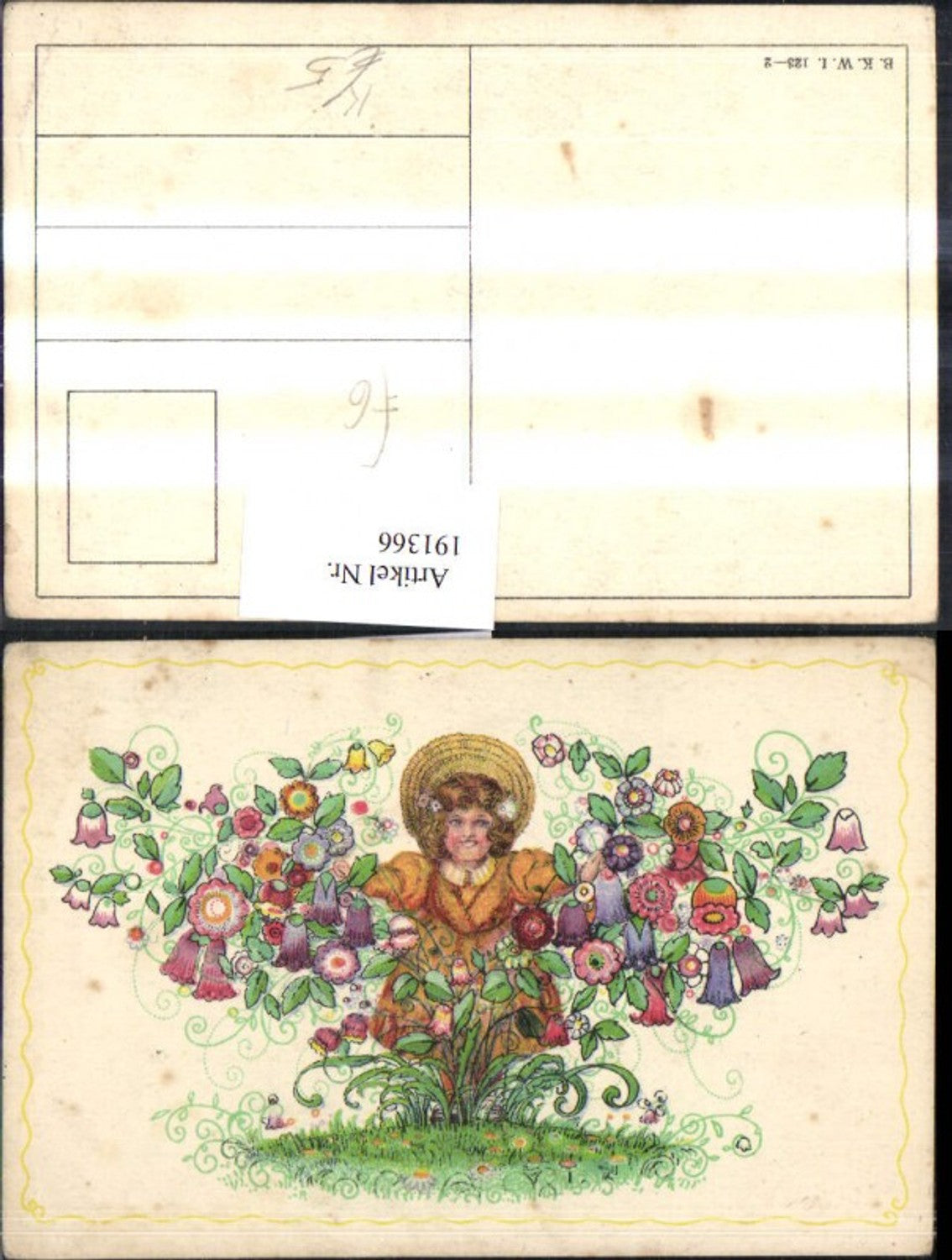 191366,Künstler AK Mädchen m. Kleid u. Hut Blumen Glockenblumen