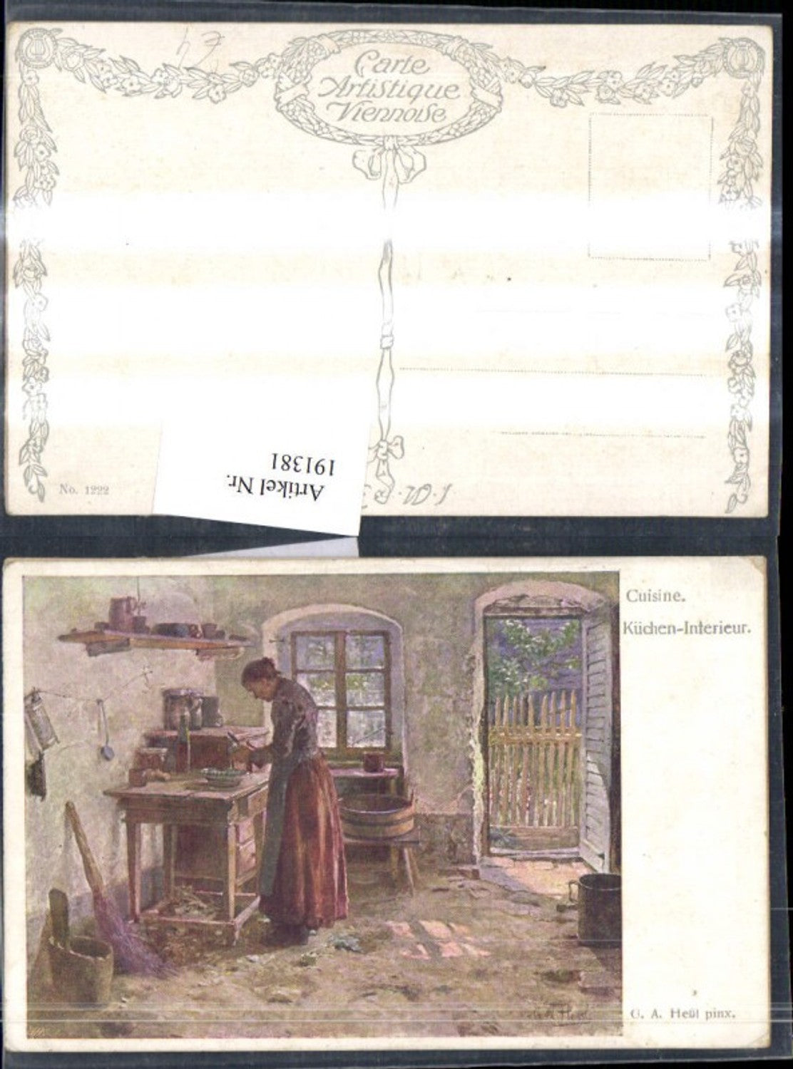 191381, Artist AK GA Heßl “Cuisine Kitchen Interior” Woman peeling kitchen interior view