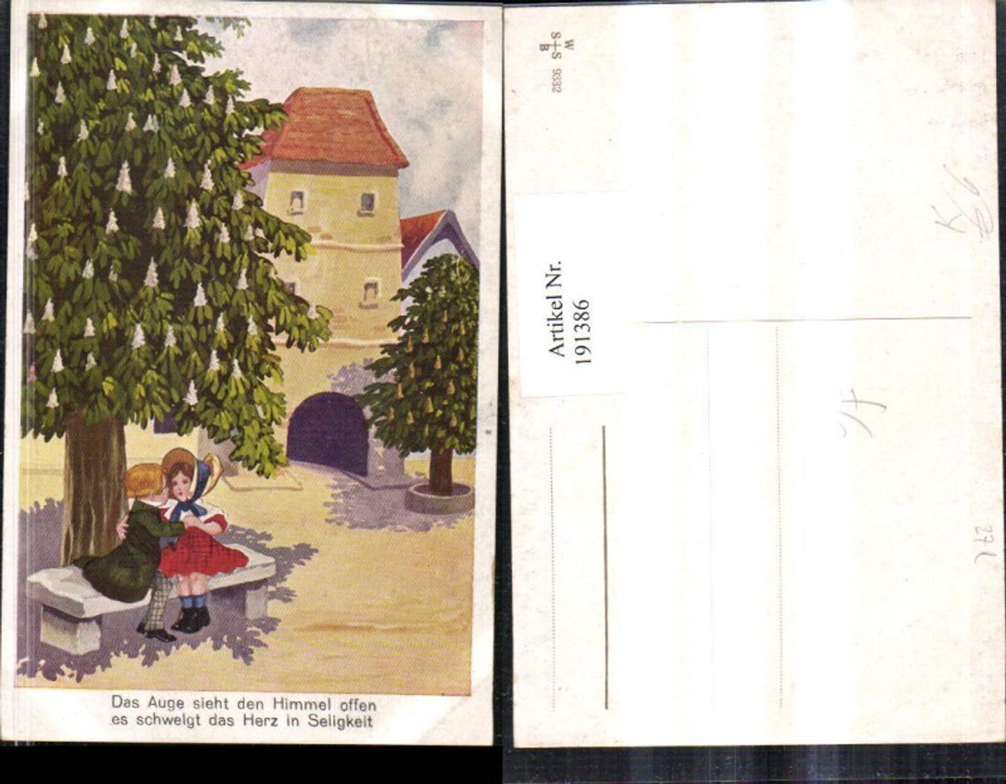 191386,Künstler AK Kinder sitzten auf Sitzbank Händchen haltend Baum Tor