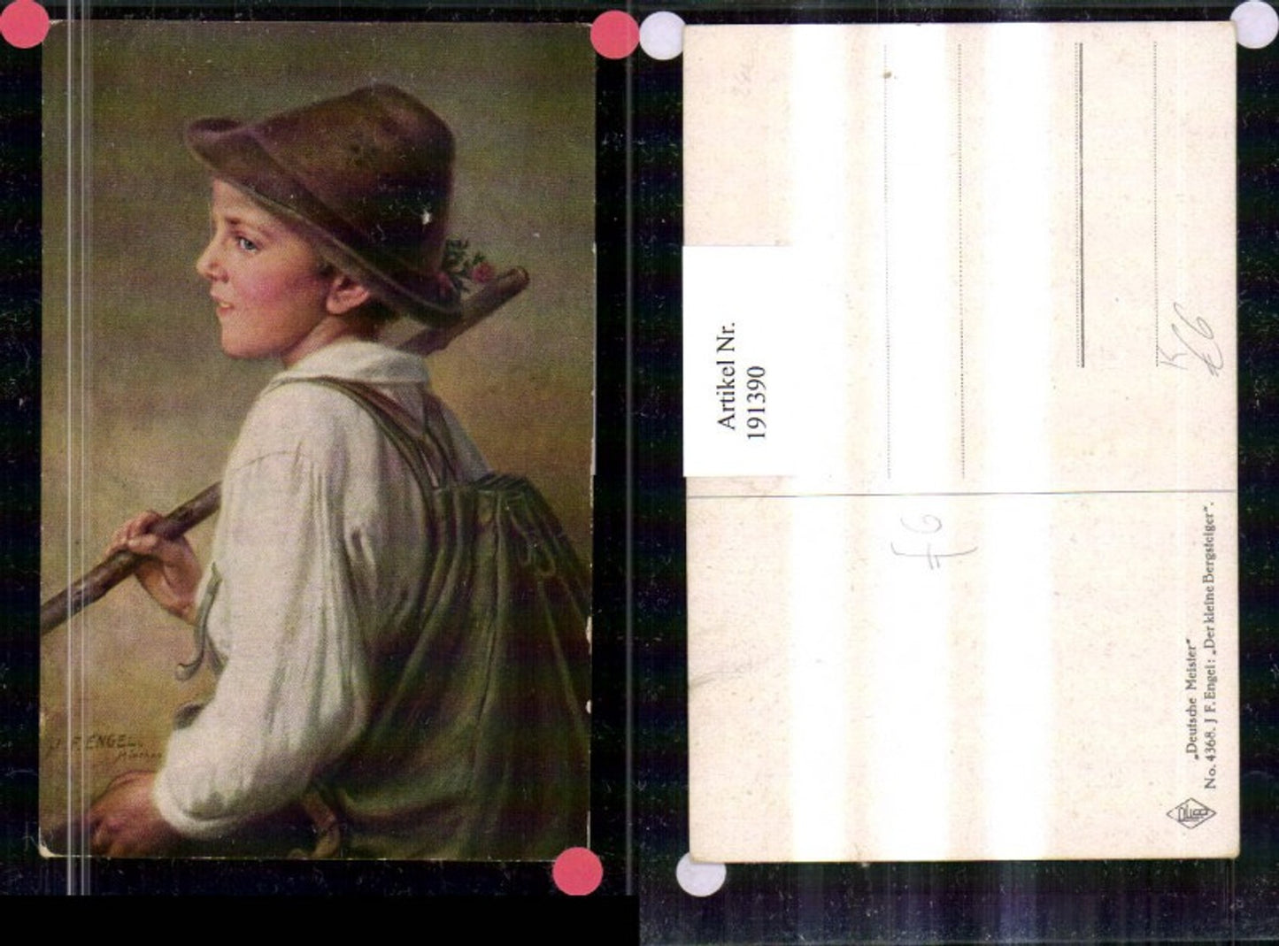 191390,Künstler AK J. F. Engel München 4368 „Der kleine Bergsteiger“ Junge m. Hut u. Stock Rucksack