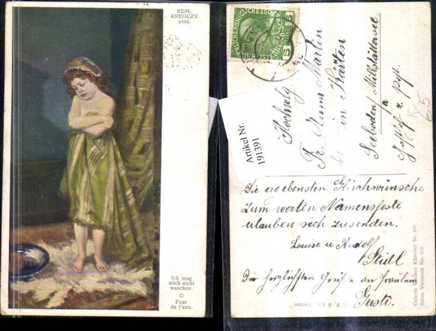191391,Künstler AK Edmund Kregczy „Ich mag mich nicht waschen“ Mädchen m. Badehaube u. Handtuch