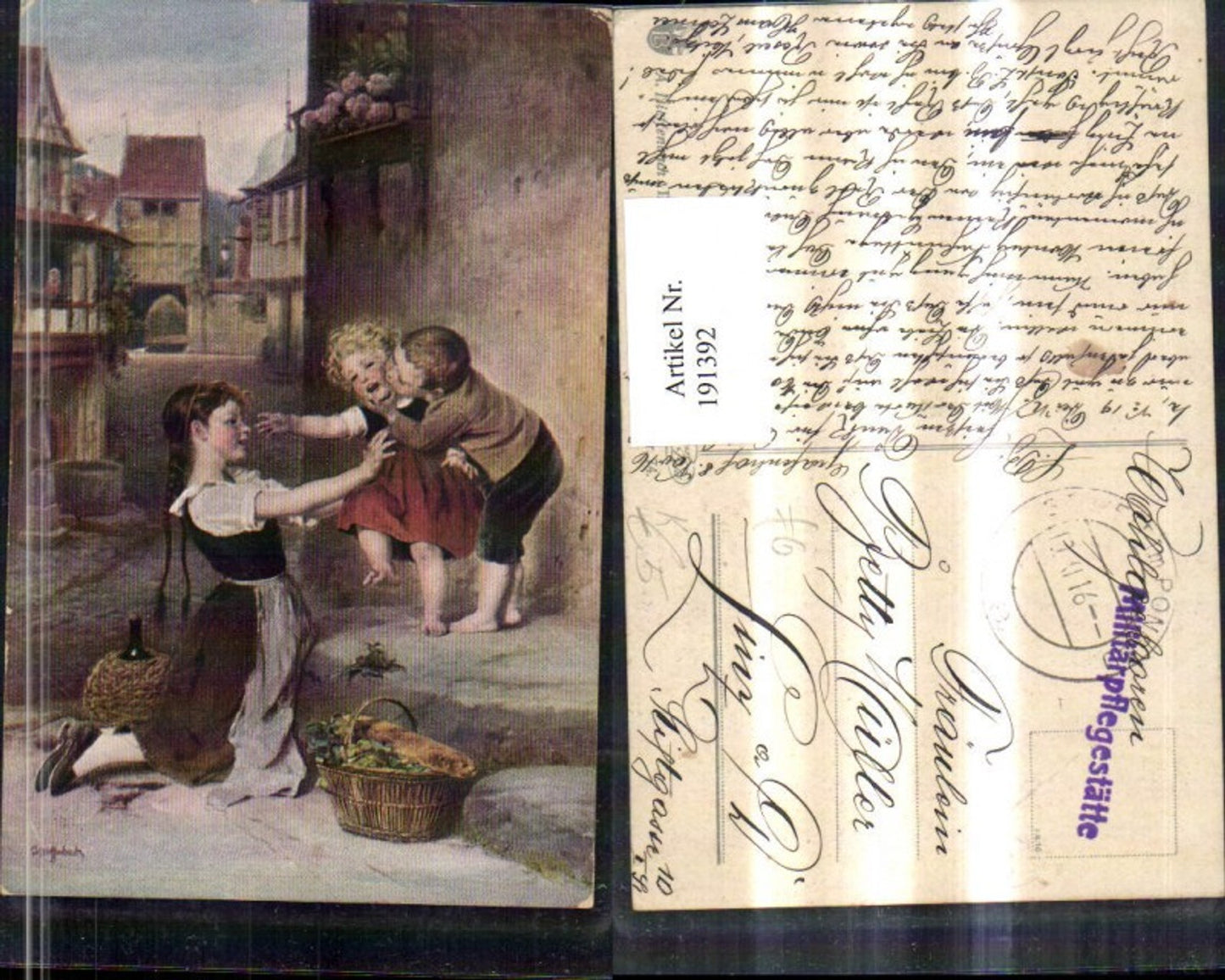 191392,Künstler AK A. Dieffenbach „Der erste Kuss“ Junge gibt Mächen einen Kuss auf die Wange Korb Brot