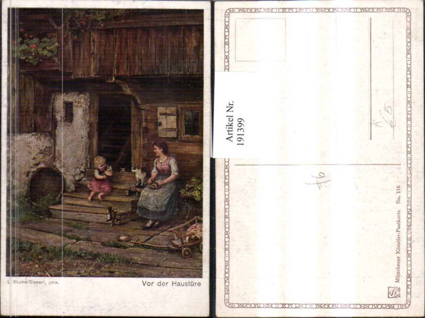 191399,Künstler AK L. Blume-Siebert „Vor der Haustüre“ Kind spielt sich mit kleinen Katzen Katze Ziehwagen