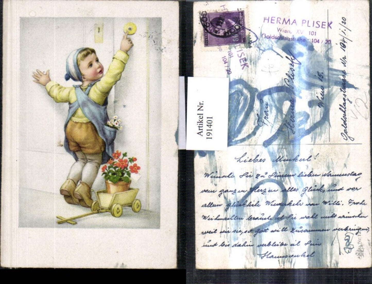 191401,Künstler AK Junge m. Schürze klingelt b. d. Tür Ziehkarren Blumenstock Blumen pub Erika 1257