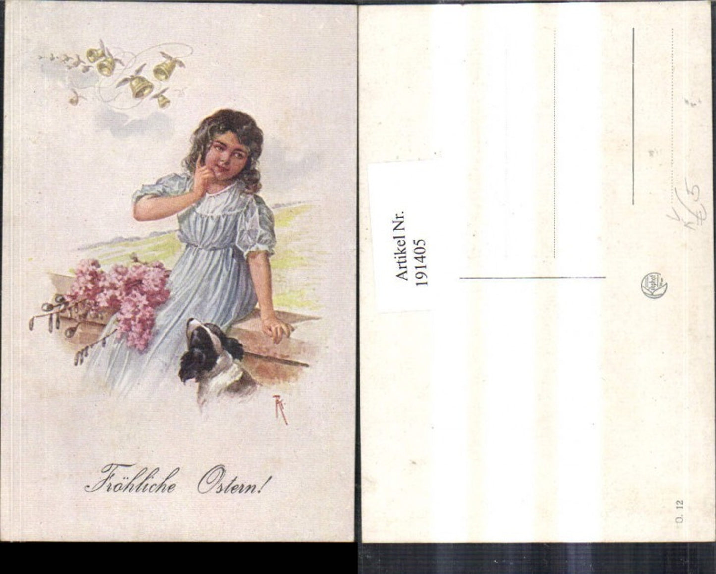 191405,Künstler AK Mädchen m. Kleid Hund Blumenzweige Palmzweige Glocken pub Kilophot