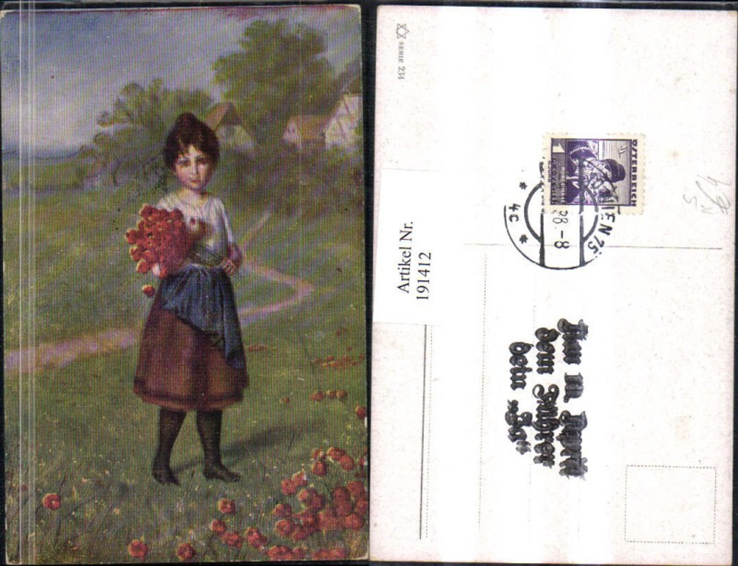 191412,Künstler AK Mädchen Frau m. Blumenstrauß Blumen Mohnblumen Landschaft Am 10. April dem Führer dein „Ja“ S