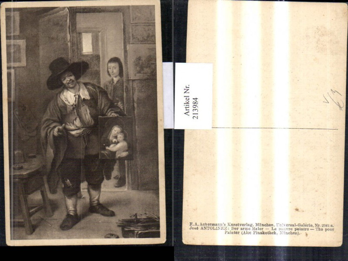 213984,Künstler AK Jose Antolinez „Der arme Maler“ Mann m. Hut Bild v. d. Madonna m. Kind pub F. A. Ackermann 2061a