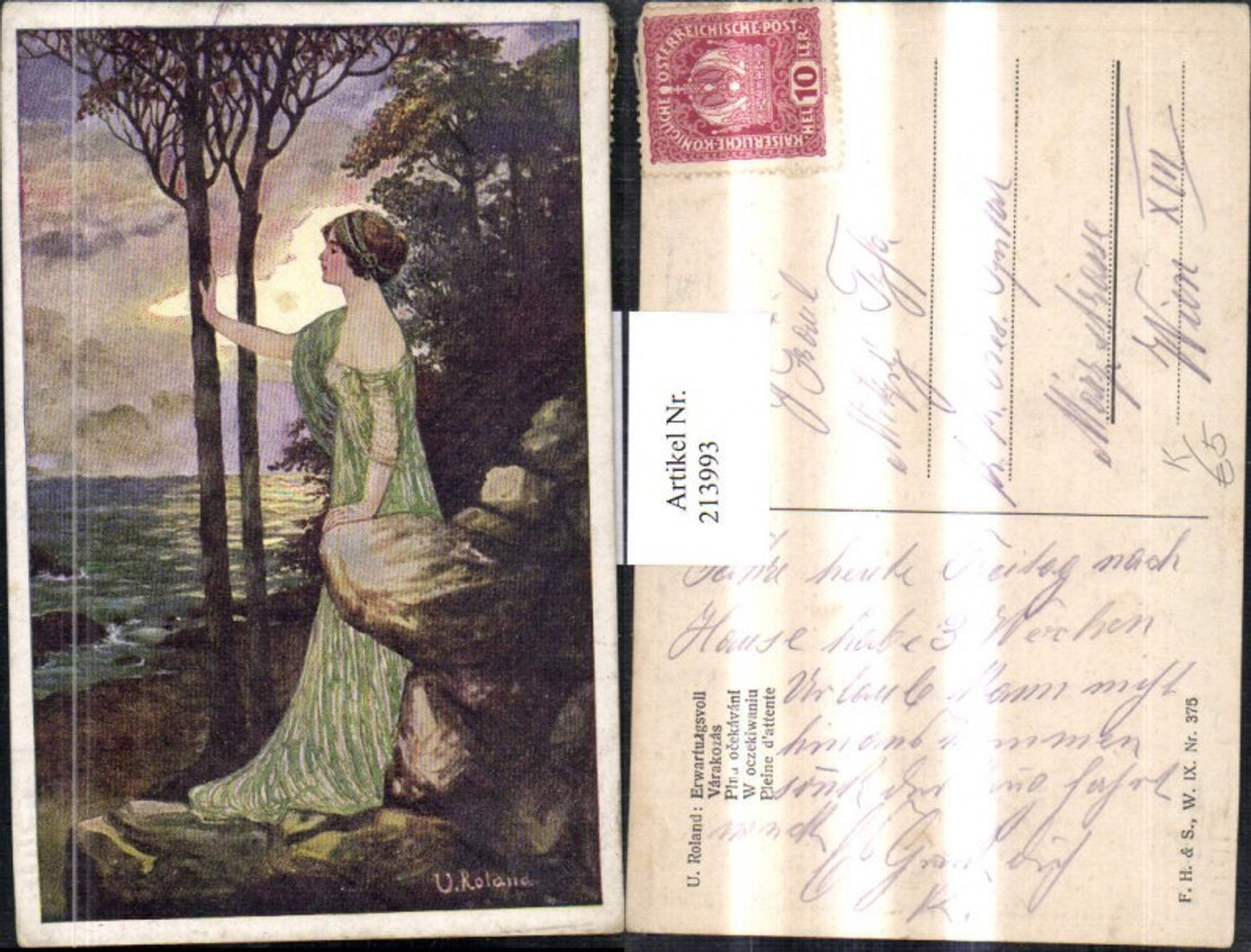 213993,Künstler AK U. Roland „Erwartungsvoll“ Frau m. Kleid Felsen Küste Partie