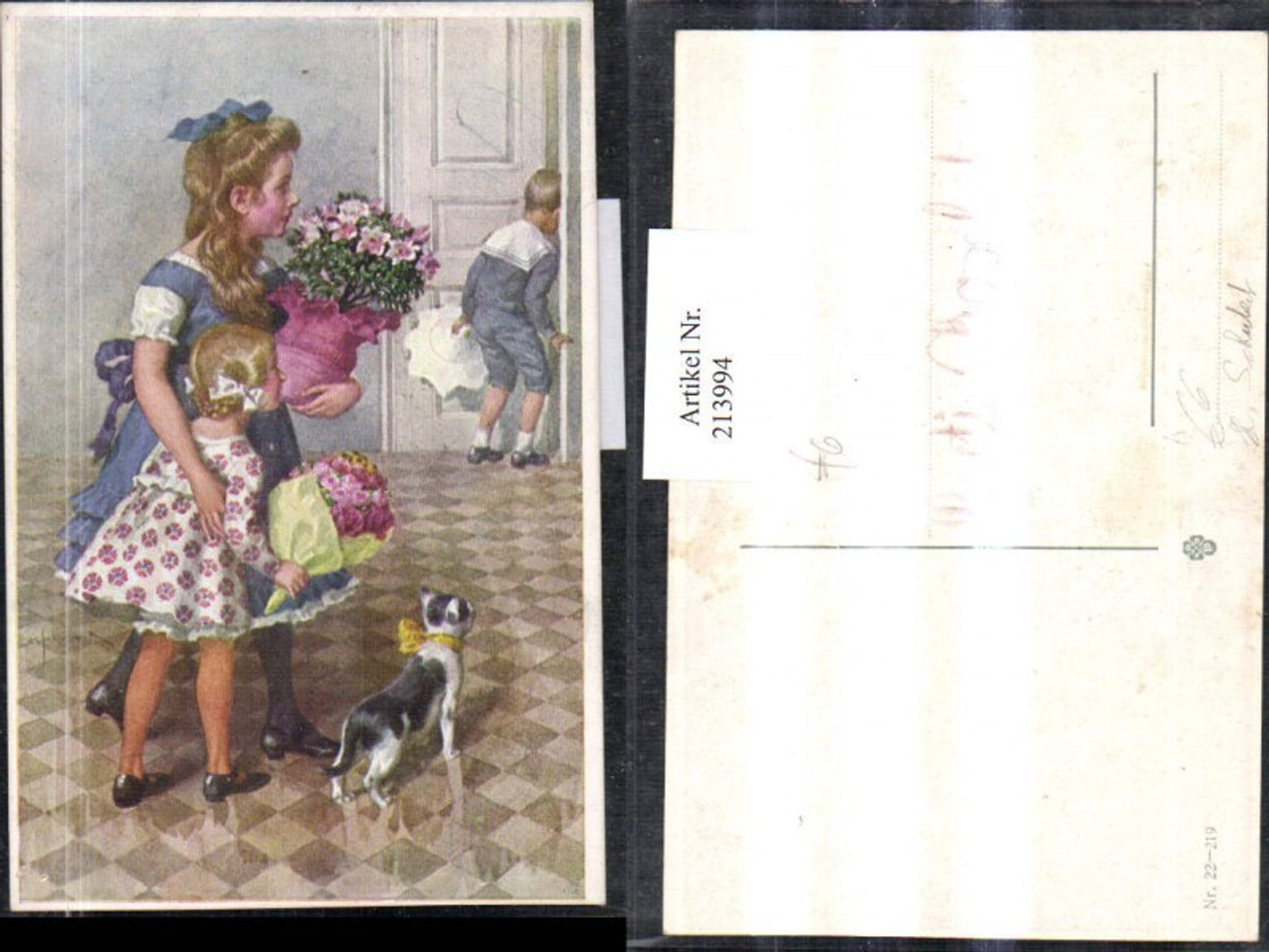 213994,Künstler AK H. Schubert Kinder m. Blumensträußen Blumen Katze m. Schleife