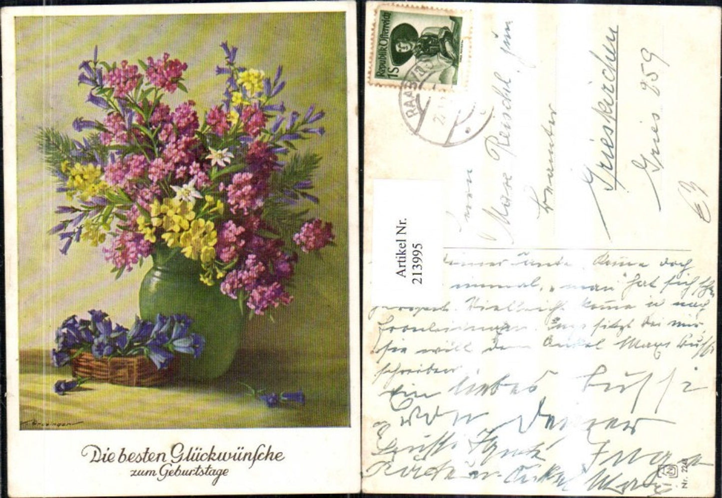 213995,Künstler AK Grosinger „Glückwünsche zum Geburtstag“ Vase Blumen Blumenstrauß