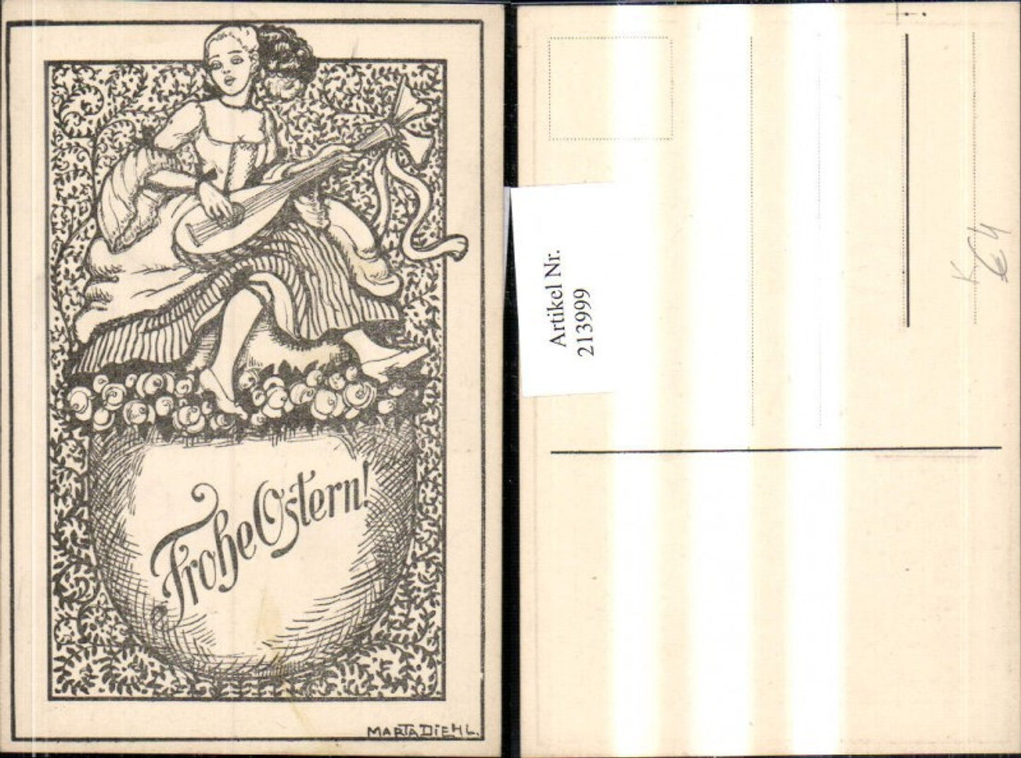 213999,Künstler AK Marta Diehl „Frohe Ostern“ Frau m. Mandoline Kleid Rosen