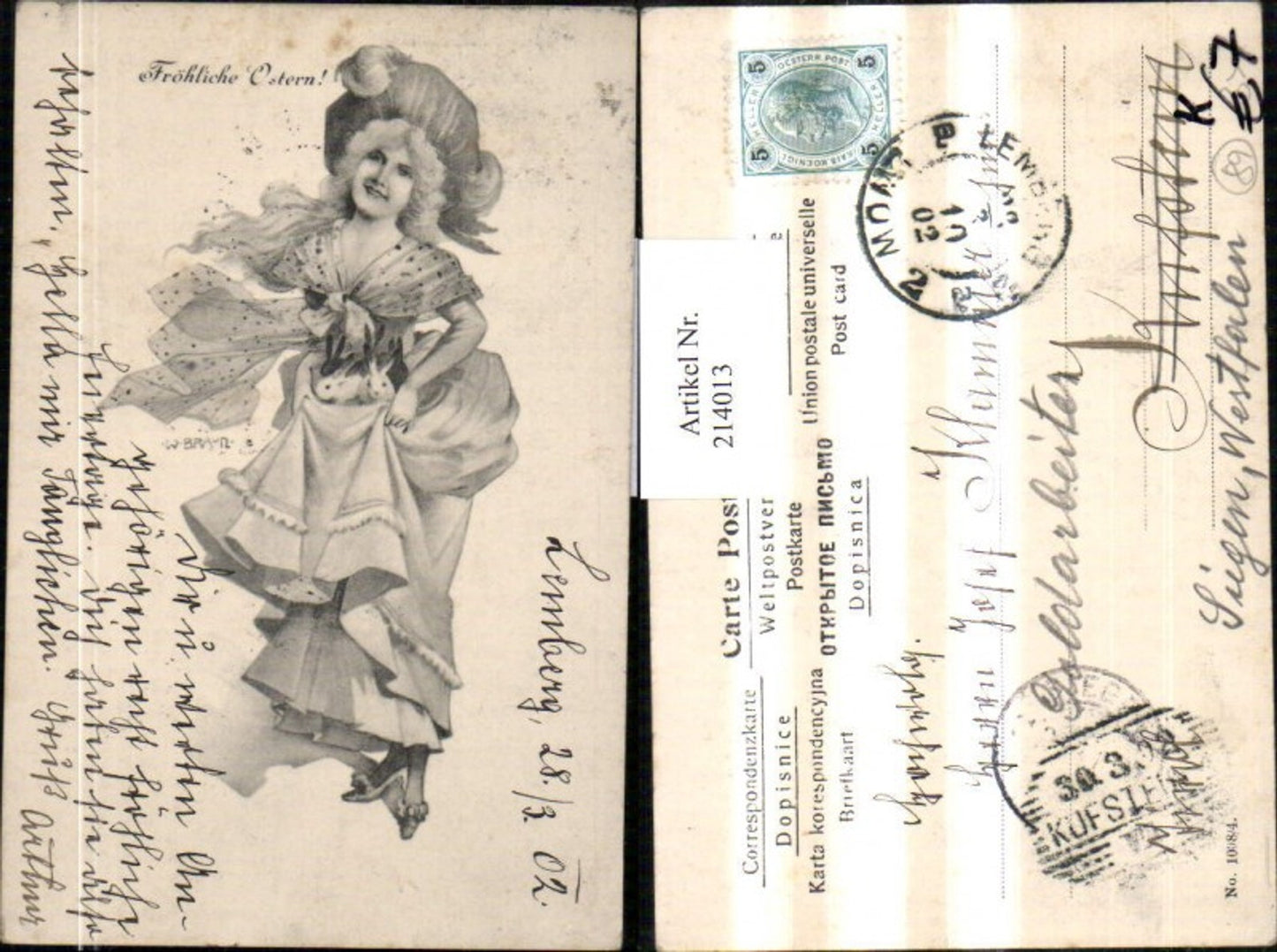 214013,Künstler AK W. Braun Jugendstil Art Nouveau Frau m. Hut u. Kleid Hasen
