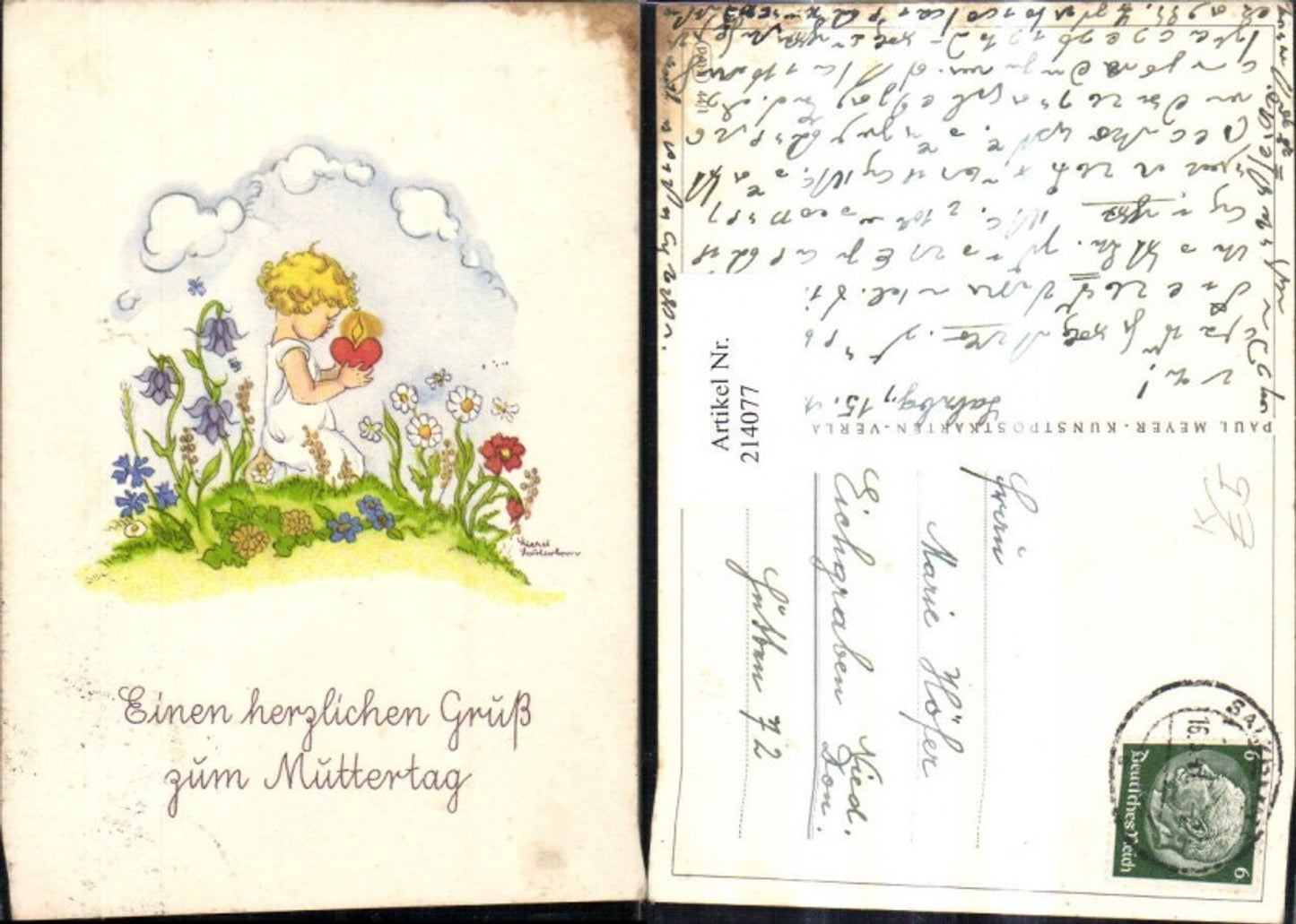214077, Artist AK Liesel Lauterborn “Greetings for Mother’s Day” Child with candle, heart, flowers, meadow
