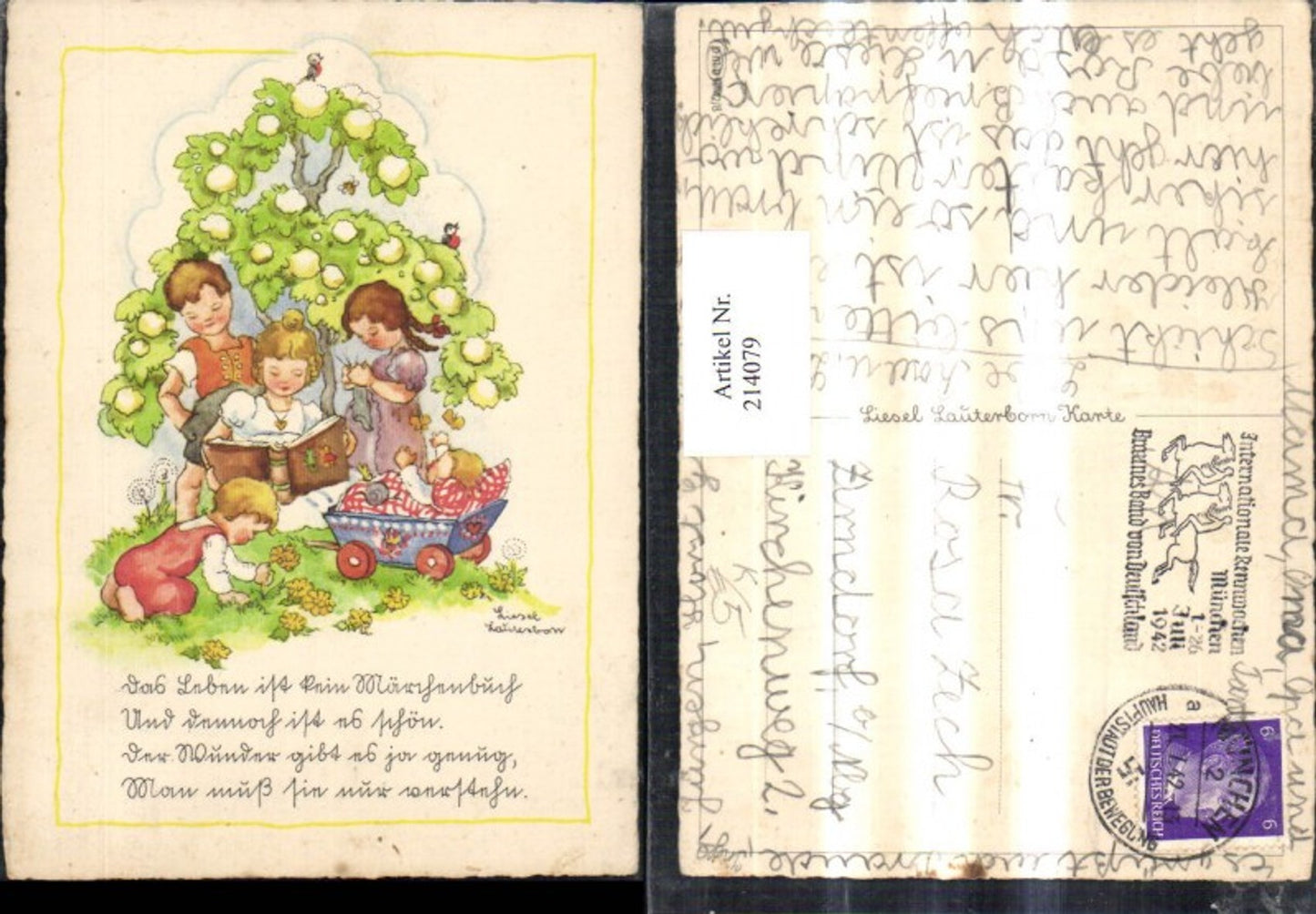 214079,Künstler AK Liesel Lauterborn Kinder b. Lesen Buch Stricken Ziehkarren Blumen Baum Gedicht Text