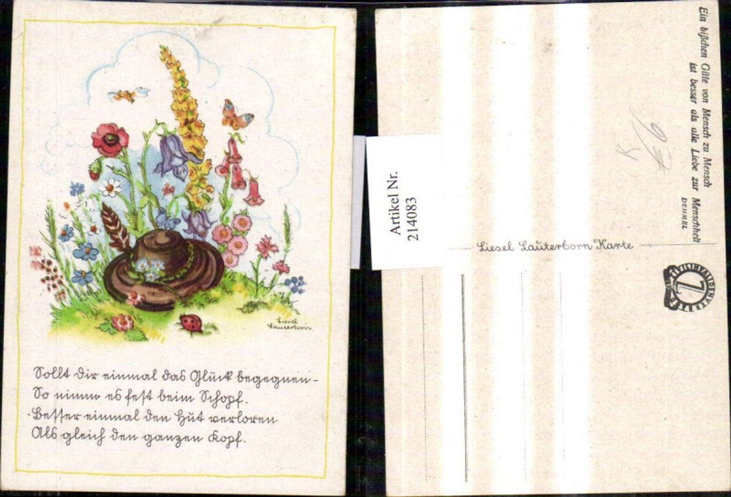 214083,Künstler AK Liesel Lauterborn Hut m. Feder Blumen Glockenblume Mohnblume Schmetterling