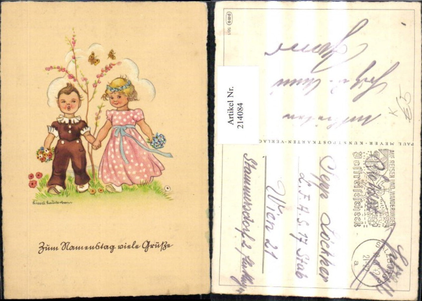 214084,Künstler AK Liesel Lauterborn Kinder Hand in Hand Kleid Blumenstrauß Wiese Schmetterling
