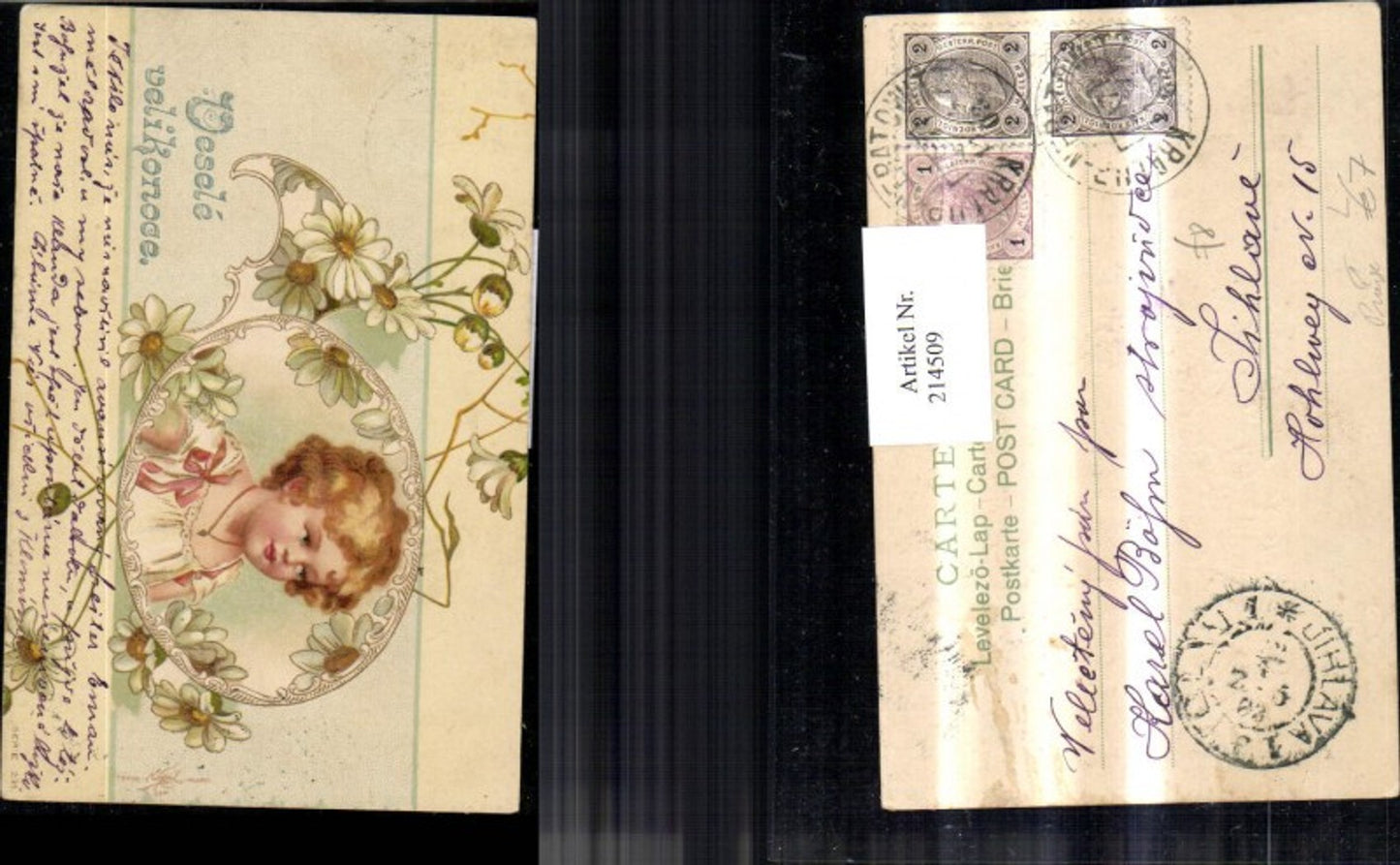 214509,Kind Präge Litho Mädchen Blumen Vesele velikonoce