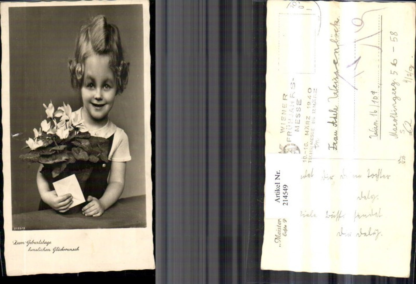 214549, Child photo, girl with flowers, cyclamen, letter, envelope, birthday, stamp, Vienna Spring Fair 1940