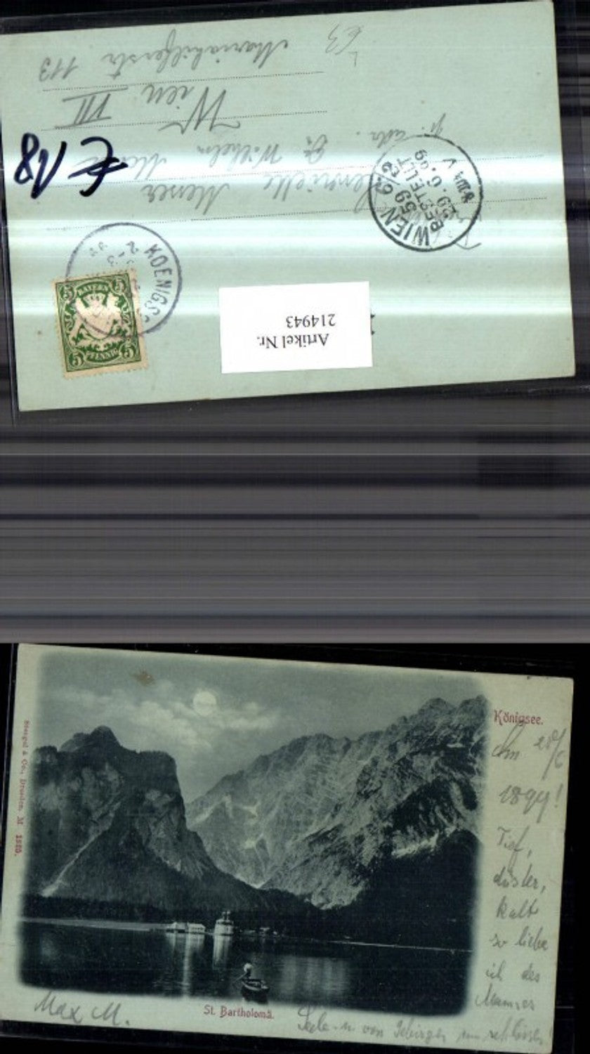 214943,Litho Königsee St Bartholomä b. Mondschein Boot pub Stengel Co 1325
