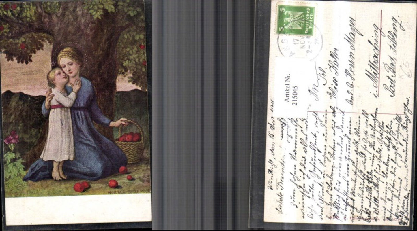 215045,Künstler Ak H. Huber Sulzmoos Frau Mädchen b. Baum Äpfel Heiligenschein