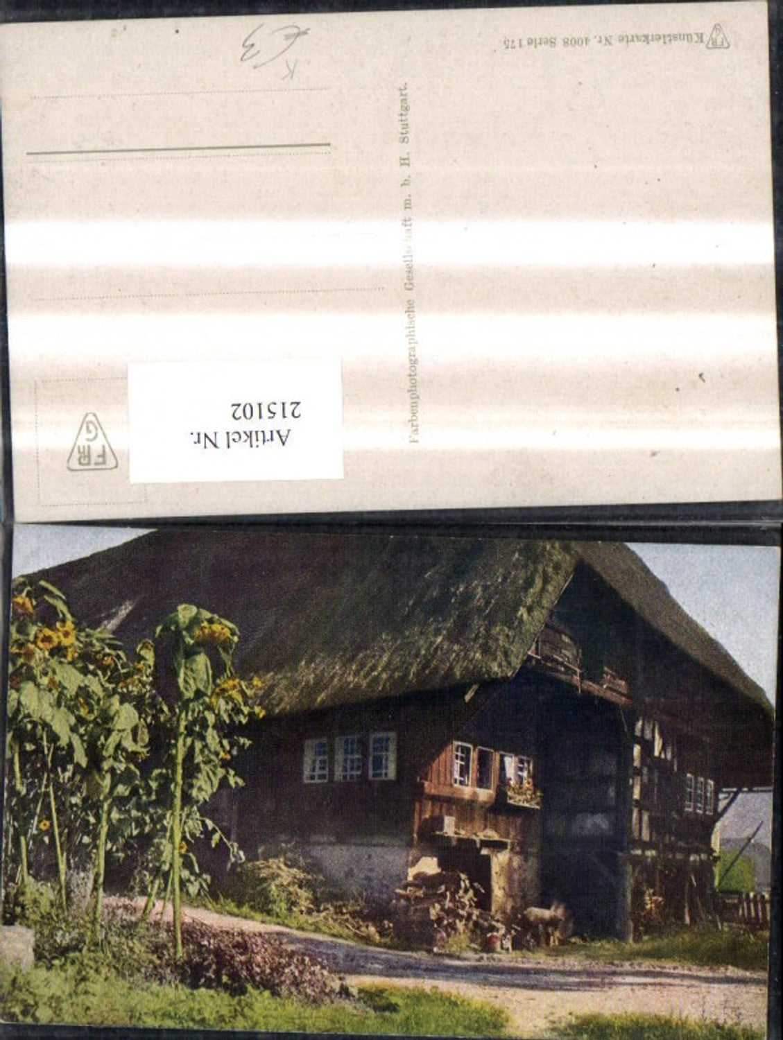 215102,Künstler Ak Reetdachhaus Haus Bauernhof Sonnenblumen Blumen