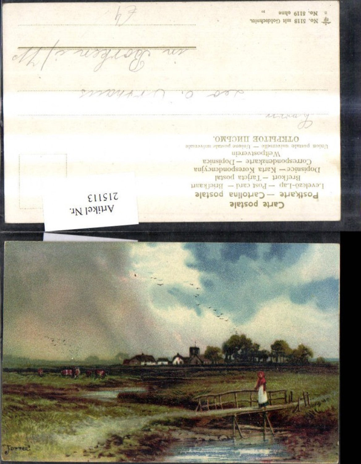 215113,Künstler Ak Jotter Frau a. Brücke Landschaft