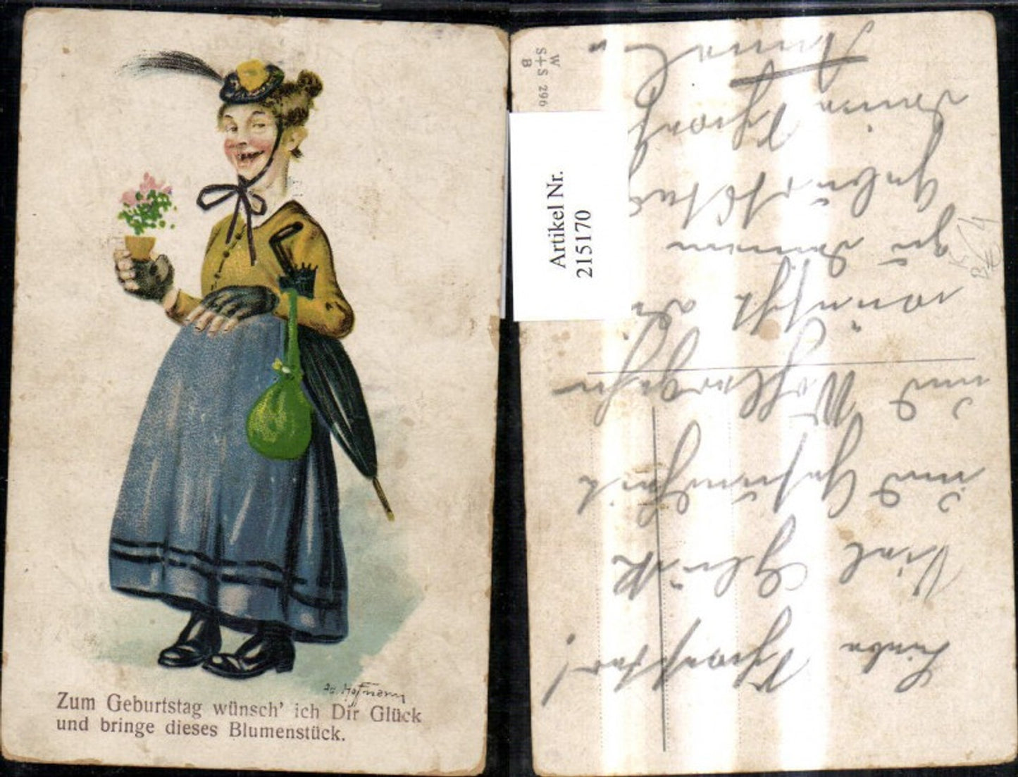 215170,Künstler Ak Ad. Hofmann Frau m. Hut Blumen Regenschirm Handtasche Geburtstag