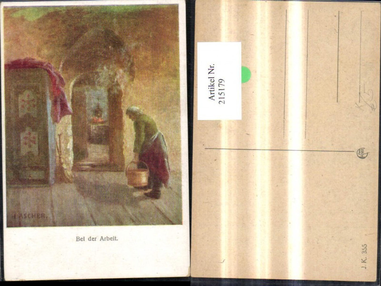 215179,Künstler Ak H. Ascher Bei d. Arbeit Frau m. Eimer Kübel