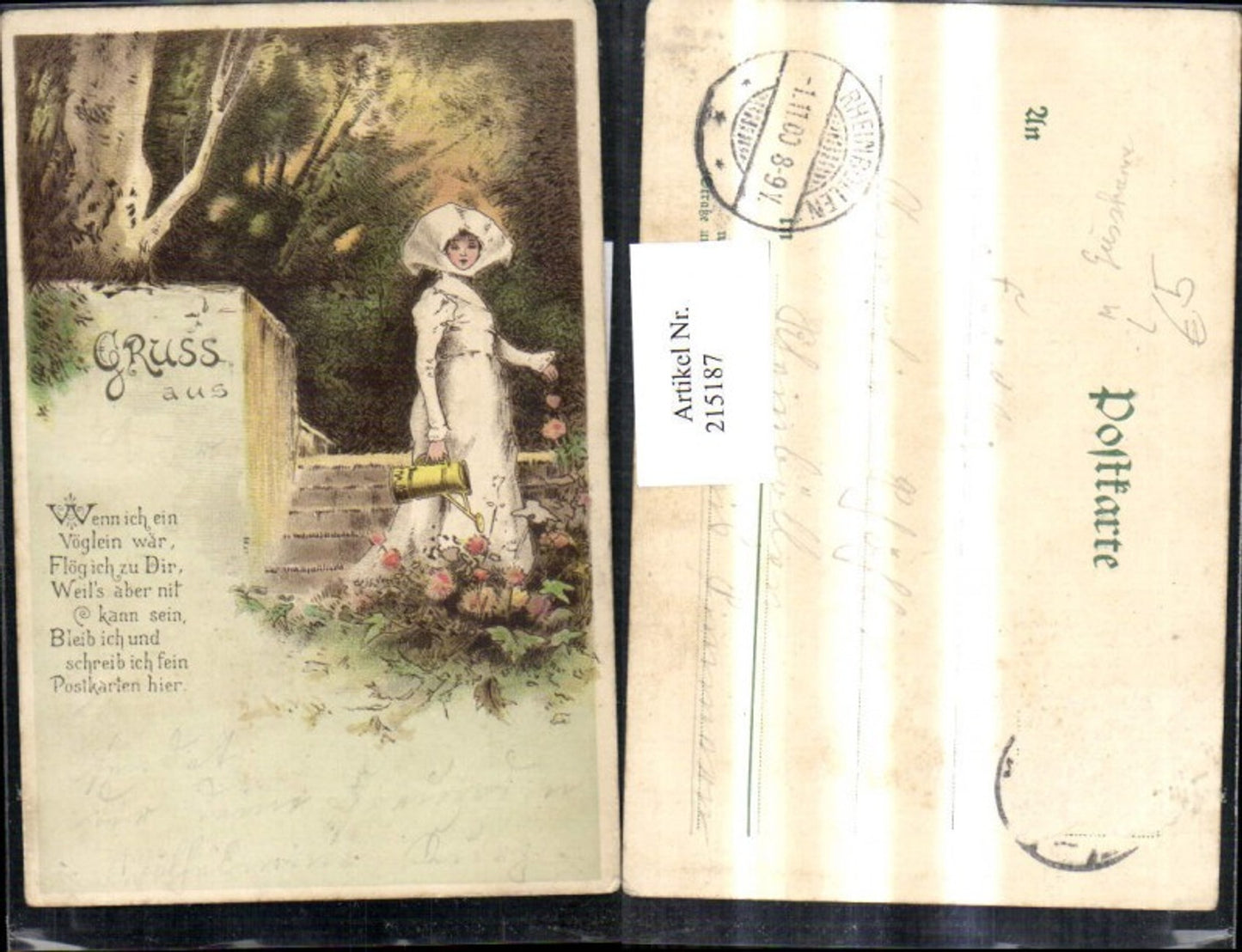 215187,Künstler Litho Frau b. Blumengießen Blumen Gießkanne Spruch Text